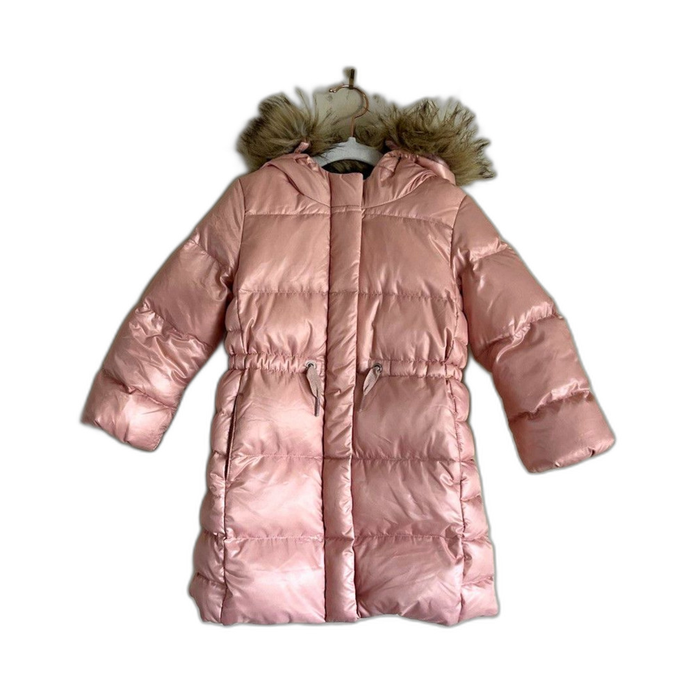 Baby Gap Girls 4T Pink Down Puffer Coat Faux Fur Hood Long Winter Jacket